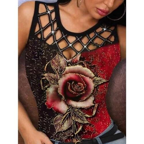 Women Fashion Floral Multicolor Rose Print Sleeveless Cutout out Floral Top Tank Hollow vest Summer print H4F3