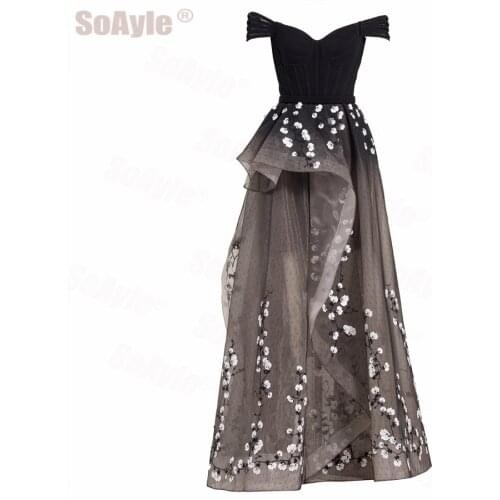 SoAyle 3D Embroidery Formal Evening Dress Black Asymmetric High-Low Evening Gown Off-Shoulder Evening Dresses for Women