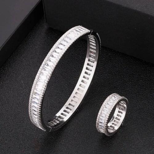 Zlxgirl colorful mirco paved zirconia women wedding bangle with ring 2pcs jewelry sets full round cubic zircon bracelet anel ane