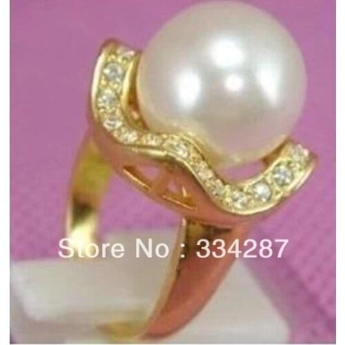 14mm yellow sea shell pearl golden color inlay Zircon women ring