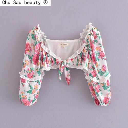 2021 Summer New Deep V-Neck Sexy Vintage Floral Print Ruffled Puff Sleeve Crop Top Women + Folds Mini Skirt Set Chic