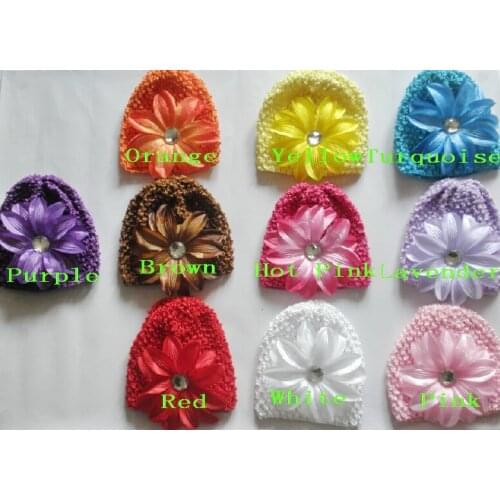 30pcs waffle caps crochet hats hair flowers clips beanie with lily peony flower girl stretchy caps MZ9111