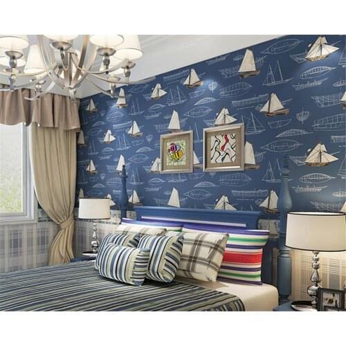 Beibehang Deep Blue Sailing Sailing Cartoon Boy Room Background 3d Wallpaper Mediterranean Style Bedroom Kids Room 3d Wallpaper