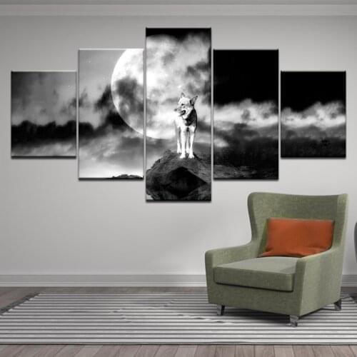 5 piece print canvas Abstract animal wolf woods Full Moon painting wall art pictures living room Home Decor Poster Drop shipping
