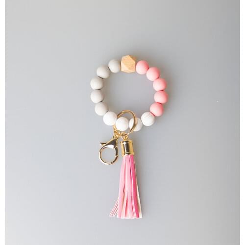 10Pcs Silicone Bead Bracelet Wooden Bead Bracelet Keychain PU Tassel Anti-loss Key Ring Bracelet