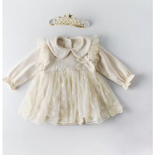 Brand Newborn Infant Baby Girl Clothes Lace Tutu Dress Romper Long Sleeve Peter Pan Collar Sunsuit Spring Outfit+Crown Headband