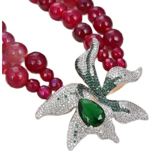 GG Jewelry 18"-19'' 2 Rows Fuchsia Agate Stone Necklace CZ Flower Pendant