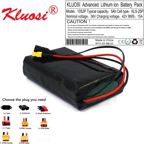 KLUOSI 10S2P 36V 5Ah 150W~450W 42V Lithium Battery Pack with 15A BMS for Scooter Skateboard Electric Bicycle Electric Scooter
