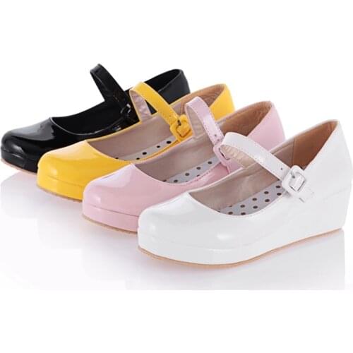 Spring Autumn Sweet Fashion PU Leather Round Toe Buckle Strap Platform Wedges Heel Pumps Plus Size Women Shoes 45 46 A-10