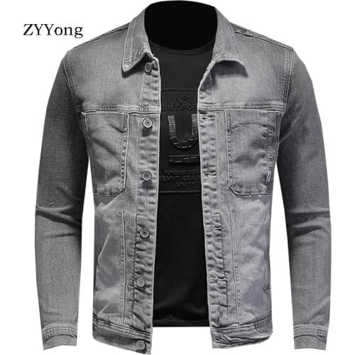 American Spring Bomber Light Grey Denim Jacket Men Jean Coats Motorcycle Cotton Turndown Collar Slim Casual Outwear Clothing