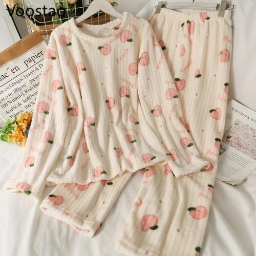 Autumn Winter Sweet O-Neck Cute Peach Print Pajama Set Women Chic Coral Velvet Soft Homewear Female Loose Sleepwear Pijama Mujer
