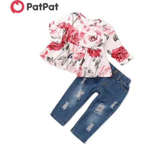 PatPat 2020 New Spring 2-piece Sweet Floral Ruffle Long-sleeve Top and Jeans Baby Toddler Girl Sets Baby Girl Clothes