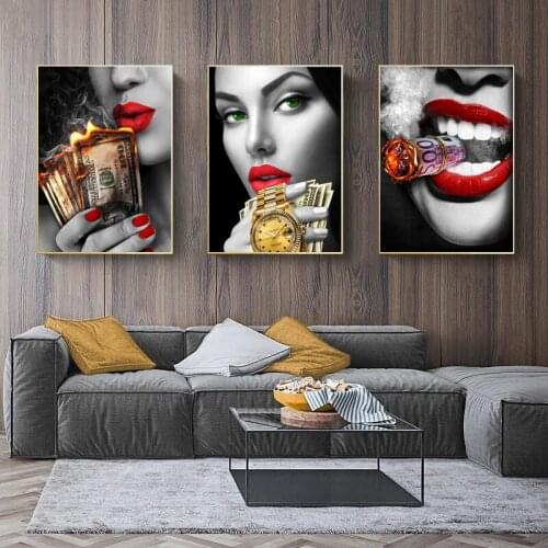 Smile Red Lips Smoking Beauty Woman Poster Burning Dollar Money Print Canvas Painting Wall Art Poster Home Decor for Living Room