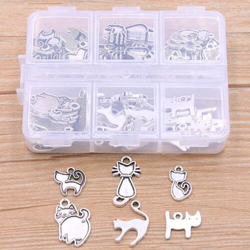1 Set 60Pcs/Lot 2 Color 6 Styles Animal Charm Small Cat Pendant With Box Material For DIY Jewelry Necklace Bracelet Making
