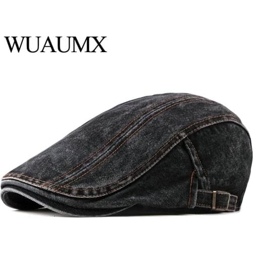Wuaumx Casual Spring Summer Berets Hat Men Women Denim Newsboy Caps Visors Cotton Cabbie Herringbone Cap Duckbill Ivy Flat Cap