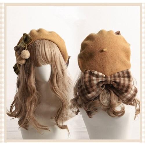 Handmade Kawaii Beret Hat Lolit Sweet Bowknot Warm Autumn Winter Painter Hat Headdress B1643