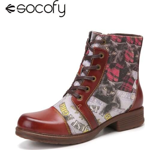 SOCOFY Women Retro Style Ankle Boots Fashion Pattern Stitching Comfy Cowhide Leather Warm Casual Outdoor Lace Up Zipper Boots