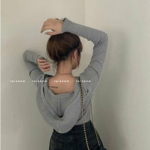Grey hooded knitted t-shirt womens autumn loose long-sleeved bottoming shirt 2021 new short inner top