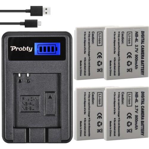 4Pcs Probty NB-4L NB 4L Battery + USB LCD Charger for Canon PowerShot SD200 SD300 SD400 SD430 SD450 SD600 SD630 SD750 SD780 IS