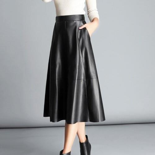 High Quality Leather Skirt Women Soft Mixed Sheepskin High Waist Black A Line 2020 Autumn Winter Office Lady Long Skirt Female