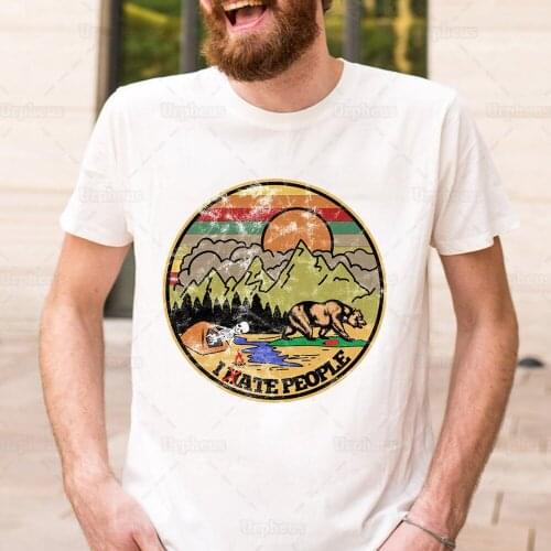Camping Shirt Hiking I Hate People I Eat People Bear Tshirt Summer Short Sleeve Tee Tops 100% Cotton