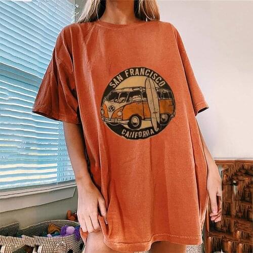 Womens Vintage Car Printed Tshirt Pattern Casual Short Sleeve Tops Casual Loose High Street Tshirt Camiseta Mujer Verano #PY