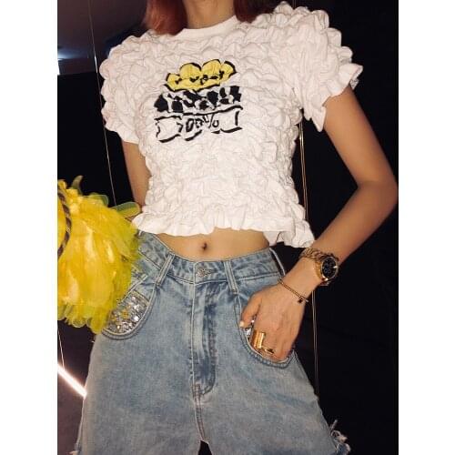 High Quality 2020 New Arrival designer Woman Short crop Tops sexy draped tshirt puff sleeve Holiday printed Tops