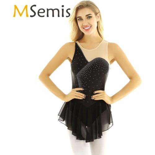 Womens Figure Ice Skating Roller Skating Ballet Leotard Dress Shiny Sleeveless Mesh Spliced Bodice Gymnastics Ballet Dress