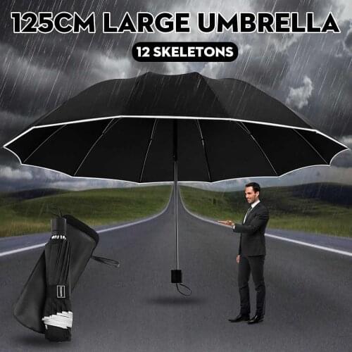 125cm Strong Wind Resistant Umbrella Rain Women Large Folding Umbrellas with Reflective Strip Design Men Family Travel Business
