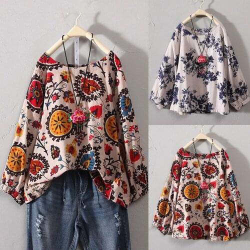 2021 Plus Size Floral Printed Blouse Womens Casual Cotton Top T Shirt Vintage Boho Floral Loose Blouse Summer плюс размеры топы