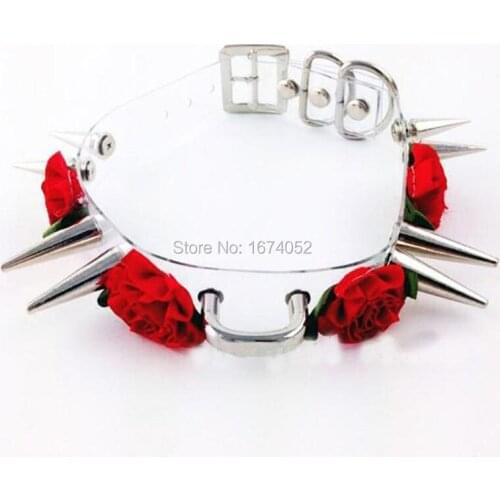 3 Colors Sexy Kawaii Double Spikes Stud Rivets Flower Necklace, Handmade Harajuku Clear Transparent Choker Collar Pendant