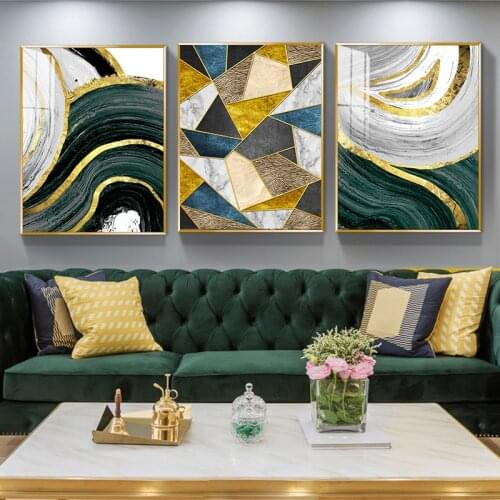 Abstract Golden Line Green Geometric Wall Art Picture Canvas Painting Nordic Posters And Prints Modern Living Room Decor