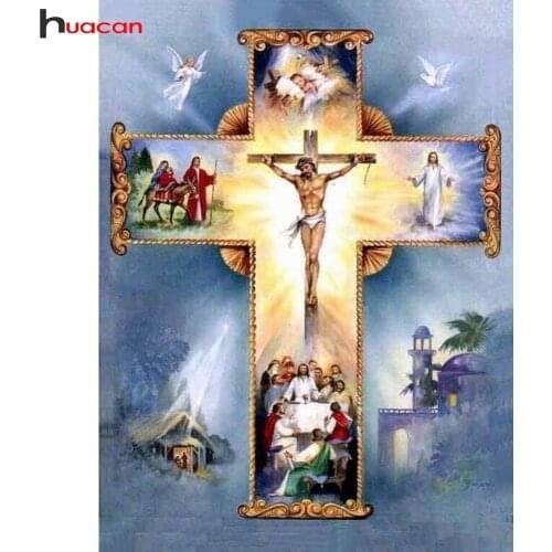 Huacan Crucifix Diamond Embroidery Full Square Drill DIY 5D Diamond Painting Religion Jesus Mosaic Craft Kits Church Decoration