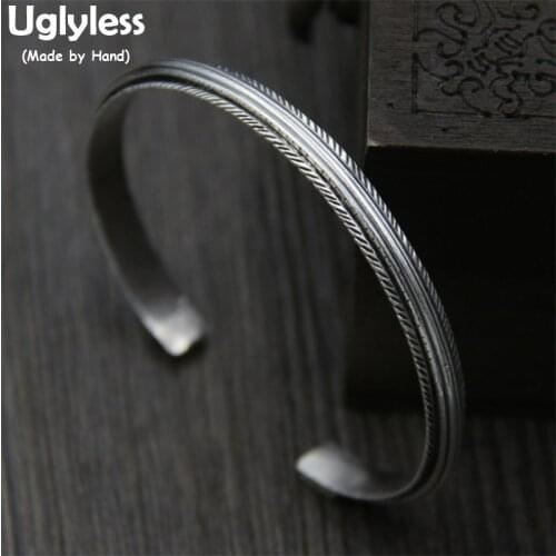 Uglyless Real S925 Sterling Silver Unisex Fine Jewelry Handmade Engraved Leaf Bangles Vintage Thai Silver Opening Bangle Bijoux