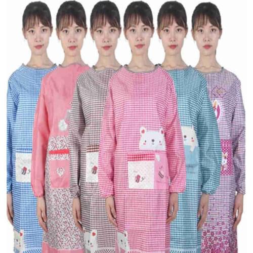 Adult Cute Lattice Aprons Long Sleeve Baking Apron Anti Oil Waterproof Animal Pinafore Pocket Kitchen Household Accessories