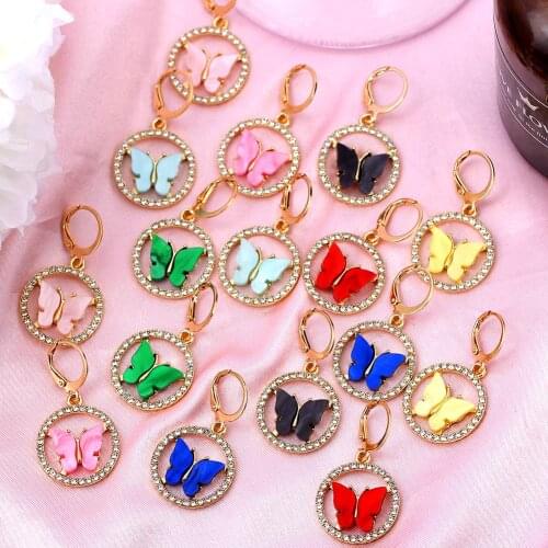 Flatfoosie Fashion Girls Drop Earring Gold Silver Color Butterfly Crystal Circle Earring Korea Multicolor Acrylic Animal Jewelry