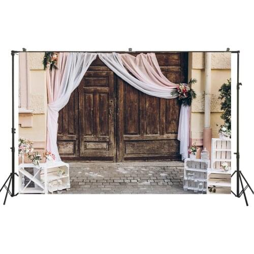 Rustic Wedding Photo Zone Backdrop Vintage Wooden Doors Flowers Curtain Background Photography Kids Portrait Photo Studio Drops