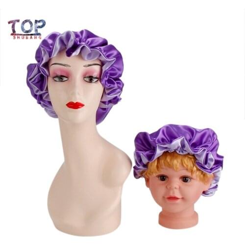 Custom Logo Purple & Silver Reversible Satin Silk Bonnets Mother/Kids Big Size Sleeping Bonnet Hair Sleep Caps