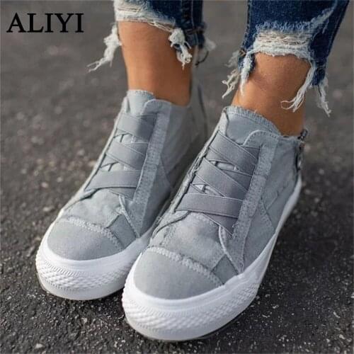 Women Canvas Shoes New 2021 Spring Elastic Band Side Zipper Ladies Wedge Casual Shoes Outdoor Running Walking Comfy Sneakers
