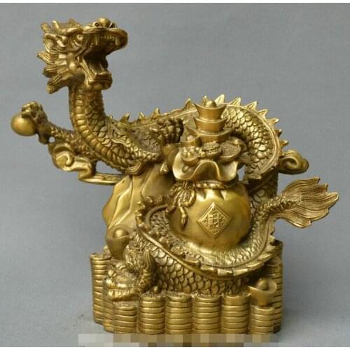 Chinese fengshui old bronze Dragon yuanbao money wealth treasure bowl statue