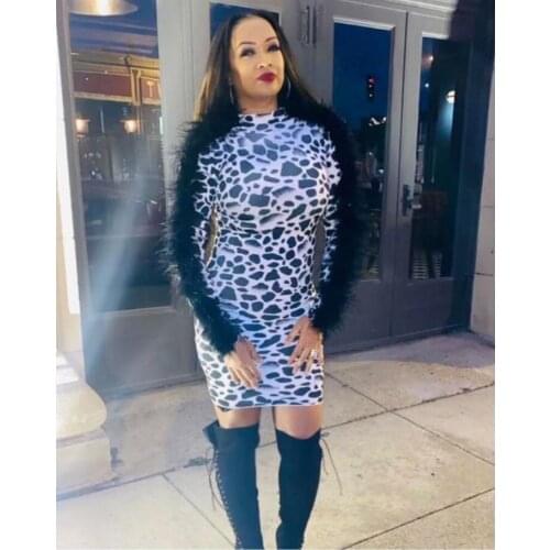 Fashion Leopard Spandex Stretch Dress Birthday Party Celebrate Black Feather Dress Women Singer Nightclub Dance Outfit Dress