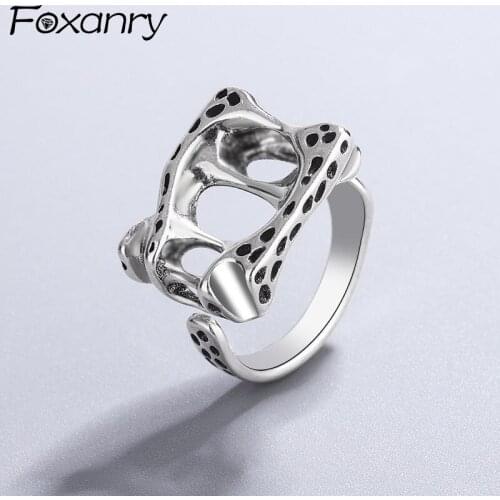 FOXANRY INS Fashion 925 Sterling Silver Rings Vintage Punk Creative Couples Irregular Hollow Black Stone Party Jewelry Wholesale