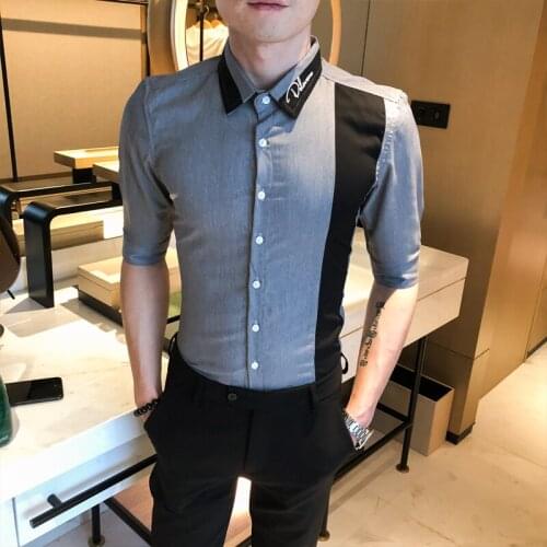 British Style Patchwork Color Shirt Men 2021 Summer Slim Fit Men Casual Shirts Half Sleeve Streetwear/Prom/Club Tuxedo Dress 3XL