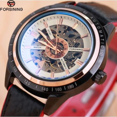 Motorcycle Design Transparent Genuine Red Black Belt Waterproof Skeleton Men Automatic Watches Forsining Top Brand Luxury Clock