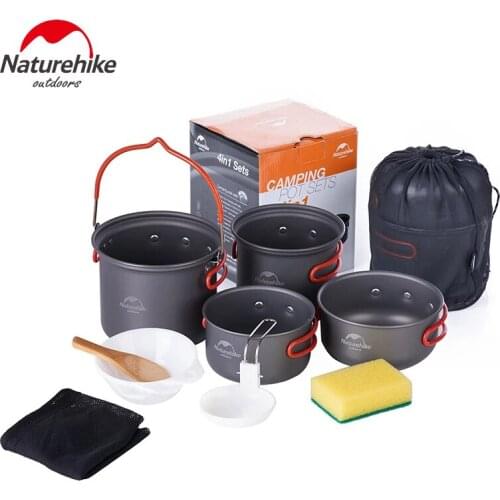 Naturehike 2-3 Person Camping Cookware Kit Outdoor Aluminum Cooking Set Pan Pot Travelling Hiking Picnic Tableware NH15T401-G