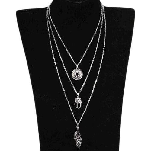 New Retro Simple Multilayer Palm Leaf Long Pendant Necklaces 3 Layer Chain Necklaces for Women Jewelry Wholesale