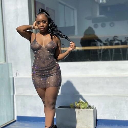 BKLD Sexy Spaghetti Strap Deep V-Neck Mesh See Through Shiny Nightclub Bodycon Beach Dress Summer 2021 Trend Fashion Women