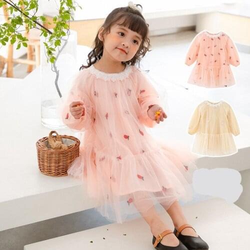 Toddler Girls Princess Dress Cute Strawberry Print Net Yarn Lace Long Sleeve Dress for Girl Baby Kids Clothes Autumn New Dress