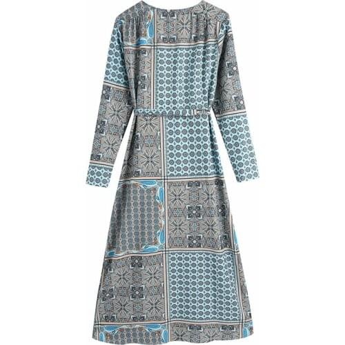 Evfer Women Fashion Patchwork Print Za Summer Nice High Waist Long Dresses With Belt Chic Lady Casual V-Neck Long Sleeve Dress