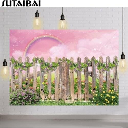 Rainbow Birthday Party Background Pink Sky Glitter Wooden Fence Grass Flowers Baby Shower Decoration Backdrop Photography Vinyl